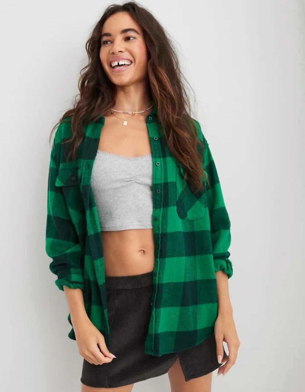Aerie Black + Green Plaid Lumberjane Flannel Shirt - Small